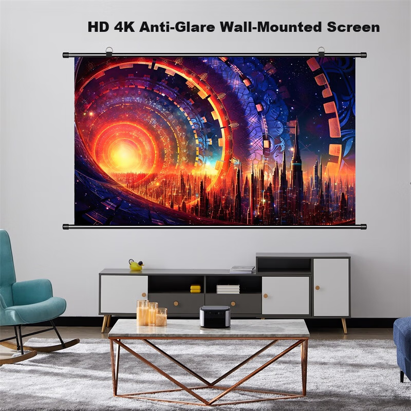 Ganyi No-Drill Wall-Mounted Projection Screen White Fiberglass C100 100-inch 16:9 Wide Viewing Angle 4K HD Side Projection Compatible with All Lumen Projectors