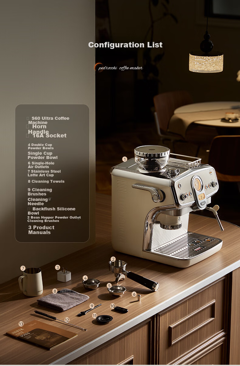 Pedrocchi S60 Ultra Cold Brew Semi-Automatic Espresso Coffee Grinder Machine, Smart Powdering and Tamping, Home and Commercial Use, Milan White 19
