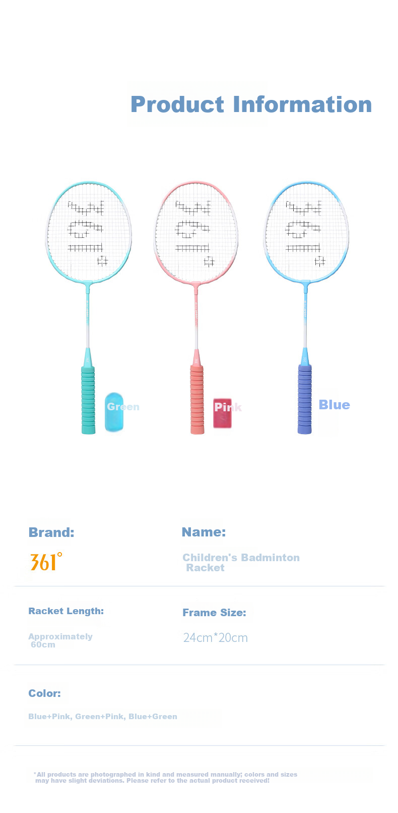 361° Children's Badminton Racket Lightweight Alloy Durable Training and Competition Racket for Ages 3-12 Blue Green 8