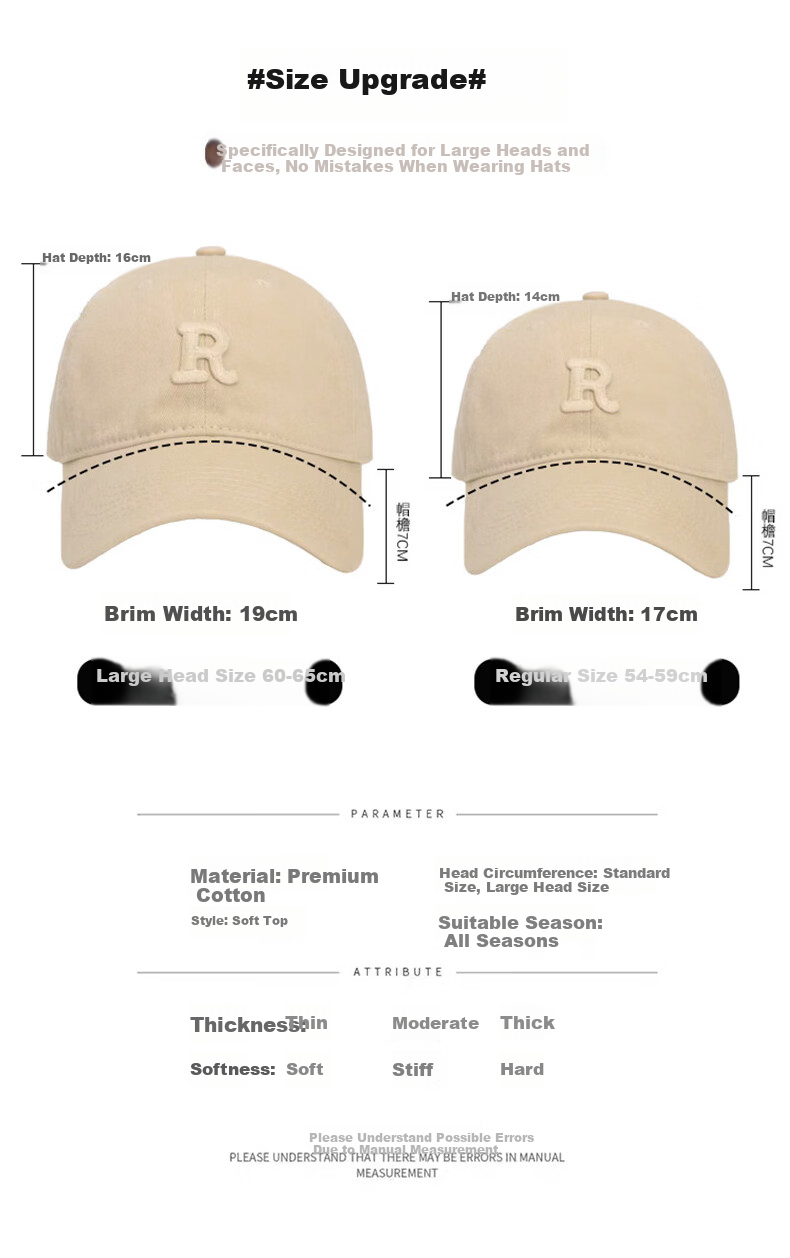 Ning'an R Logo Large Head Circumference Baseball Cap for Men and Women, Wide Brim, Enlarged and Deepened, Face Slimming 5