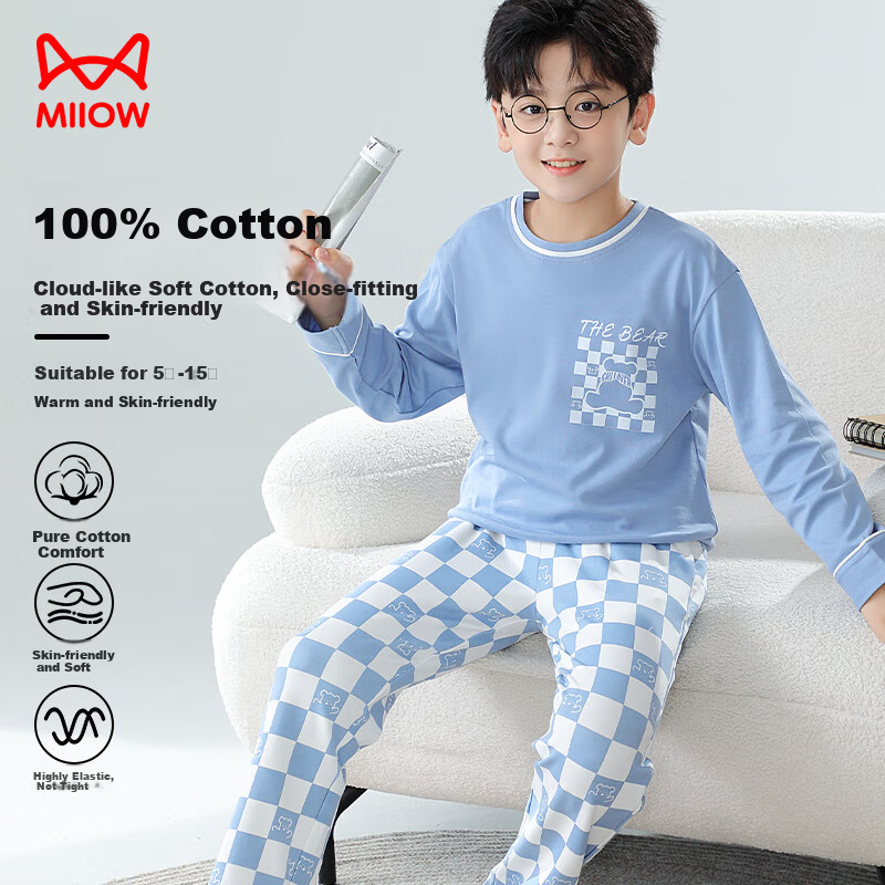 MiiOW Boys' 40S Cotton Antibacterial Plaid Long Sleeve Pajama Set Spring Autumn Blue Size 120