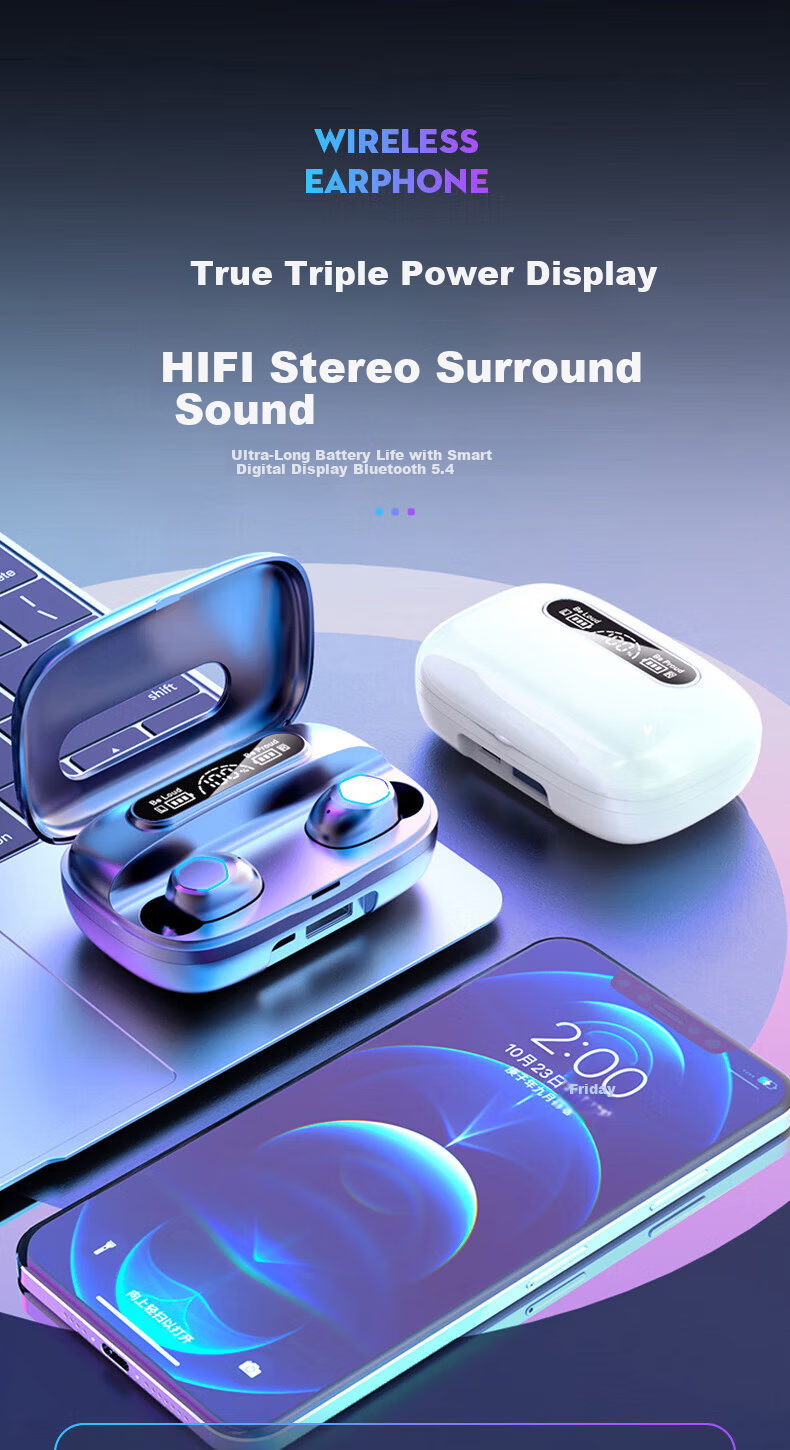 Bkayp Bluetooth Wireless In-Ear Earphones Long Battery Life Noise Cancelling High-Quality Sound Compatible with Apple iPhone 17 Huawei Oppo Honor Vivo Music Sports Gaming Emergency Charging 2