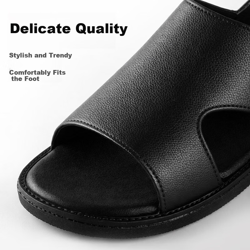 FOOTOPPO Men's Summer Leather Sandals Open Toe Hollow Breathable Non-slip Odor-resistant Soft Sole Outdoor Beach Shoes Black