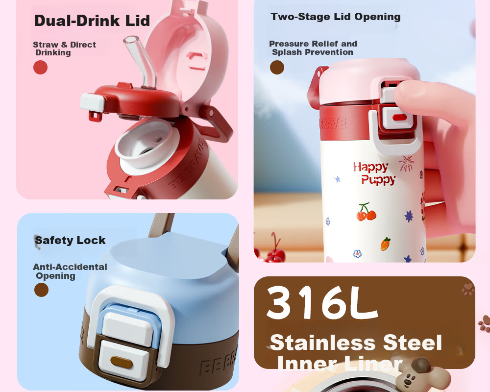 FGA Fugang Kids Insulated Water Bottle Unisex Student Cup 316L Stainless Steel Cute Sports Portable Dual Drinking Straw Cup 3