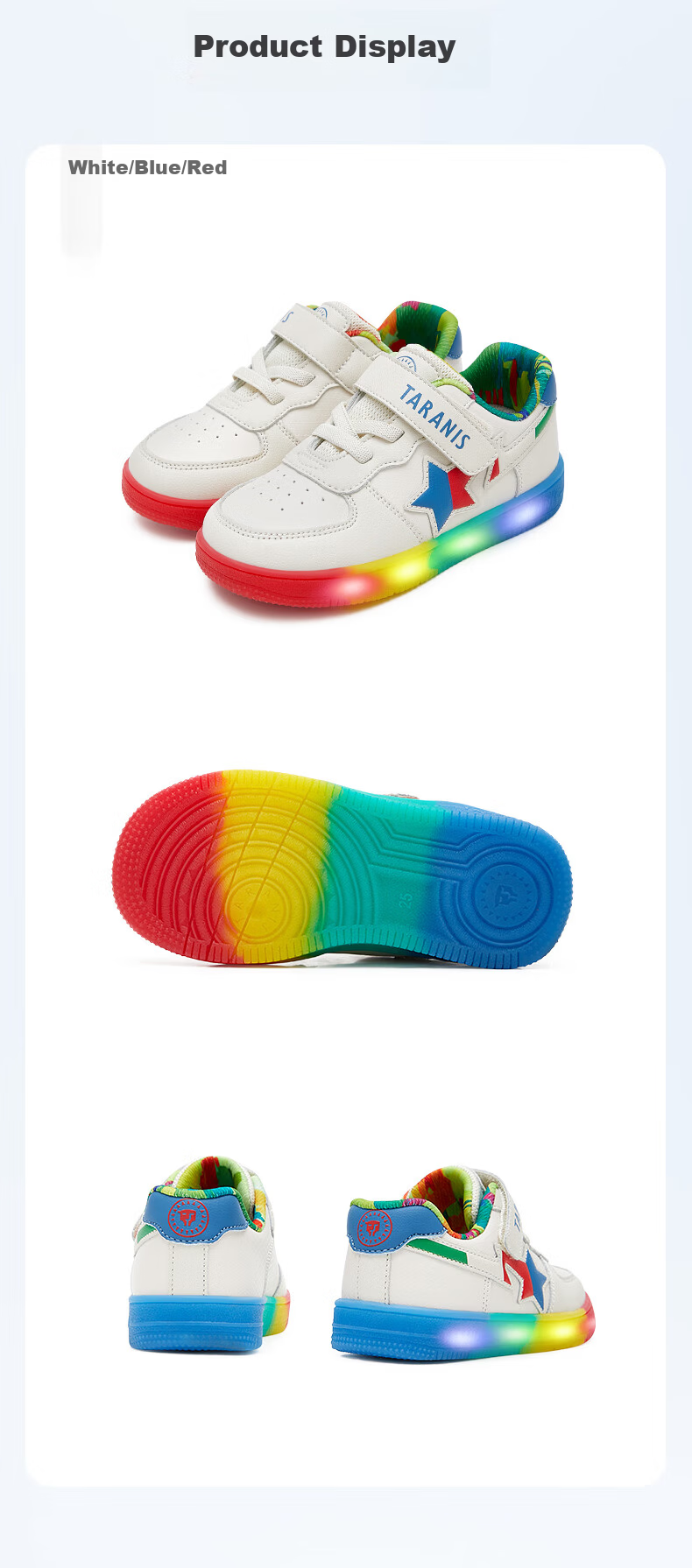 TARANIS Autumn Kids Light-Up Sports Shoes Boys Controllable Switch Sneakers Non-Slip Glowing Shoes White/Blue/Red Size 27 9