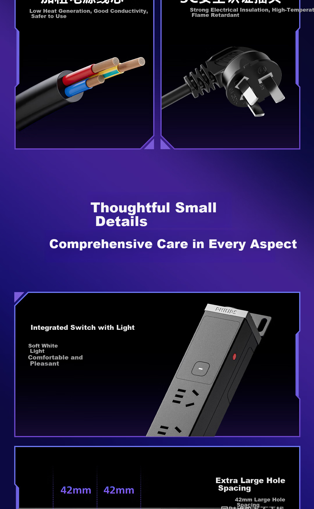 PHILIPS PDU Desktop Gaming Office Computer Adjustable Desk Power Strip 8 Outlets 1.8m Overload Switch Surge Protection No-Drill Under-Desk Extension Cord Socket 6