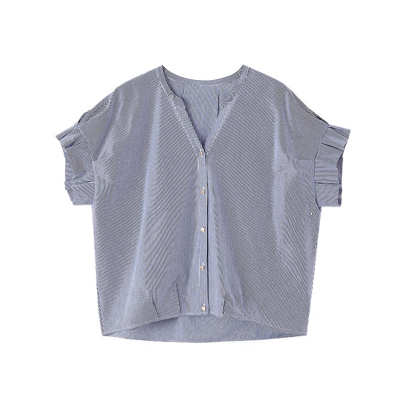 Demana 100% Cotton Summer Casual V-Neck Pleated Ruffle Sleeve Loose Fit Shirt for Women