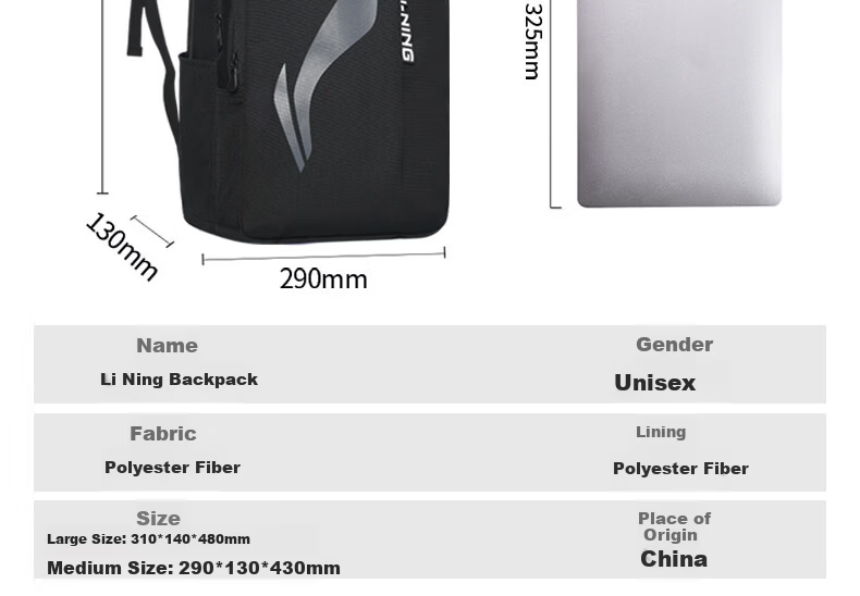 LI-NING Large Capacity Backpack for Middle School, High School, and College Students, Sports Outdoor Travel Laptop Bag for Men 9
