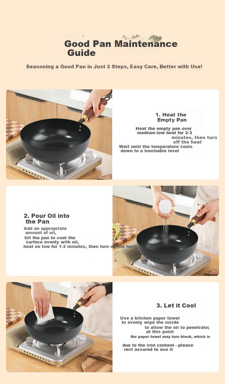 Bear Iron Wok Thickened Hammered Texture Healthy Non-Coated True Stainless Steel 30cm with Solid Wood Lid 11