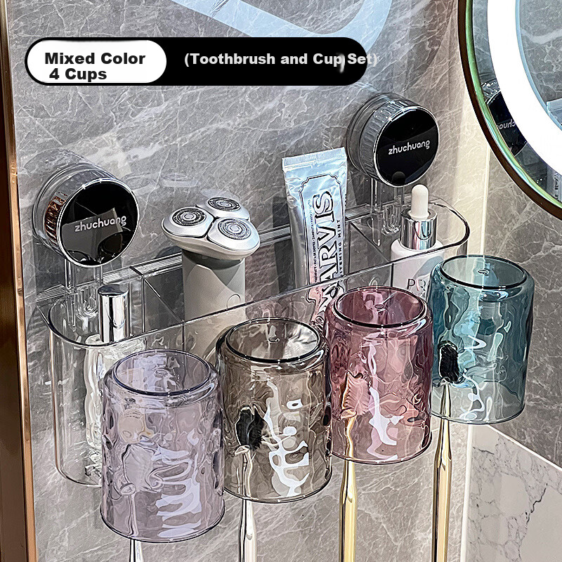 Jialifang Suction Cup Toothbrush Holder No Drilling Mouthwash Cup Wall-Mounted Bathroom Storage Toothbrush Rack with 4 Cups