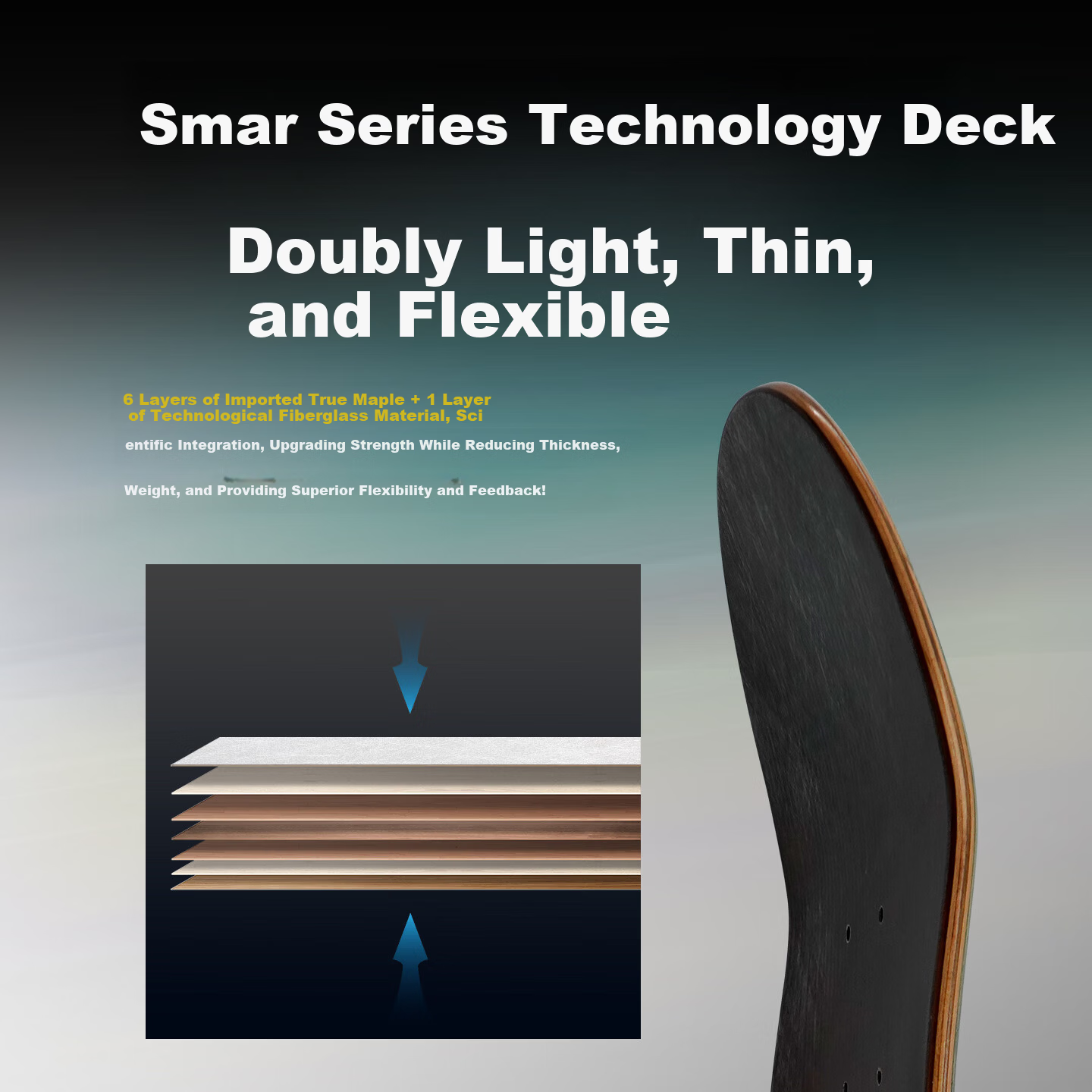 DBH Dream Advanced Professional Double Kick Skateboard for Adults and Children Beginners DBH Holographic
