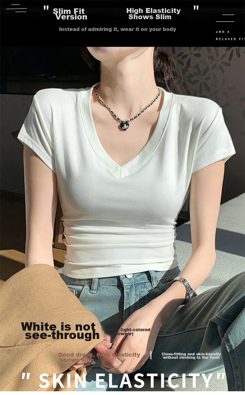 XUEXIMAN Women's Summer T-Shirt, Stylish And Simple Design, Slim Fit with Waist-Cinching V-Neck, Wrinkled High Cotton Short Sleeves for Wome 1