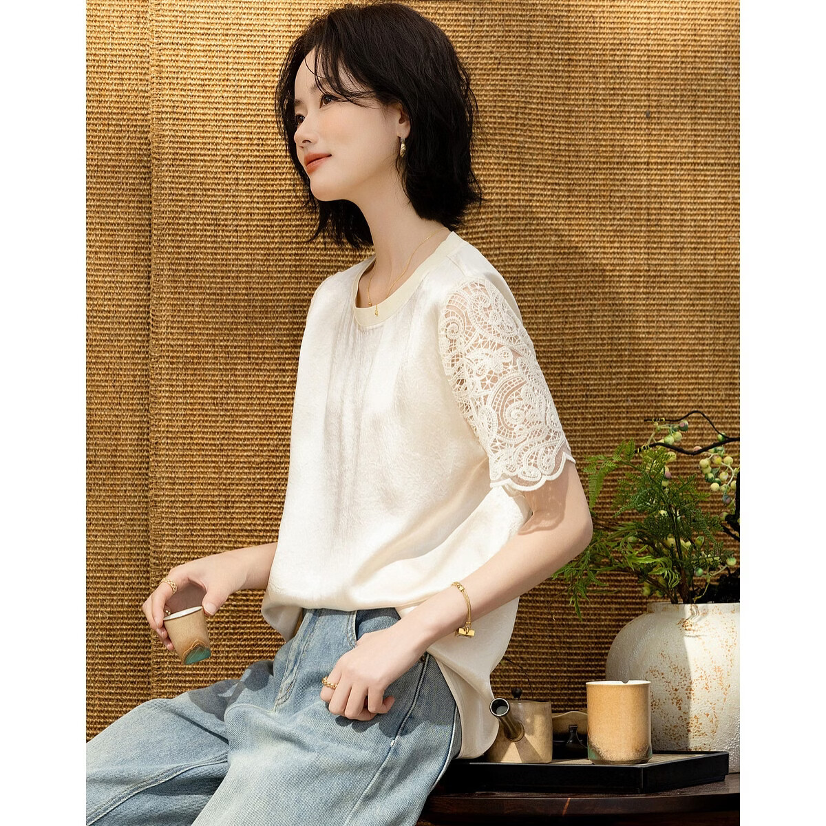 Demana [100 Acetate] Summer Glossy Lace Trim Short Sleeve Ribbed Crew Neck Loose Shirt for Women Premium Feel