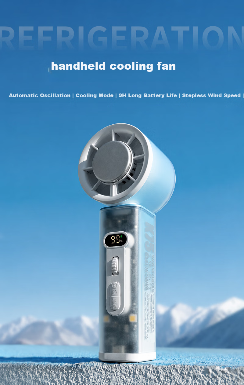 Bashidai Mini Handheld Fan Portable Oscillating Semiconductor Cooling Long Battery Life Digital Display 100-Level Stepless Speed Desktop Cooling Compress High-Speed Cooling Device with Lighting Blue 1