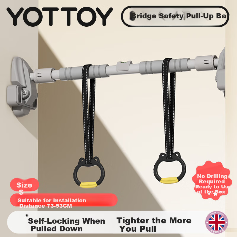 Yottoy Indoor Wall-Mounted Pull-Up Bar No Drilling Required Adjustable 73-93CM Gray with Children's Rings