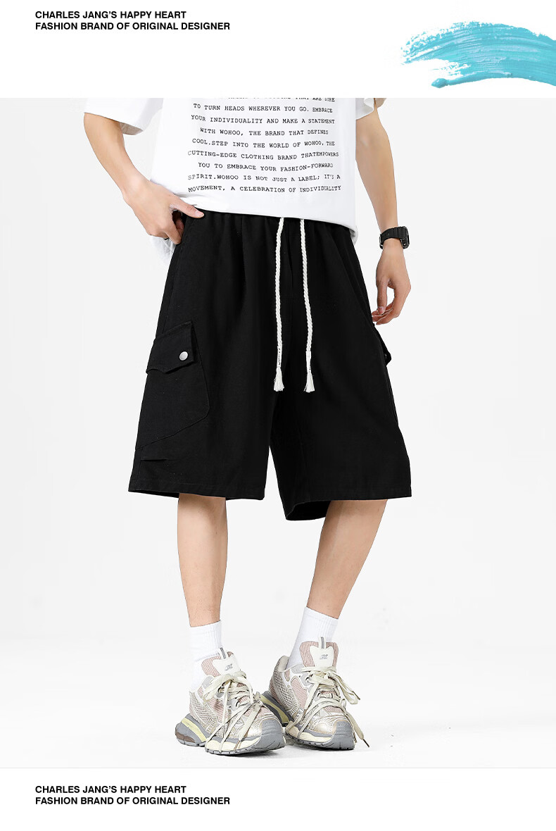 Charles Peach Heart Trendy Workwear Five-Point Shorts Summer Loose Straight Casual Slim Black M 16