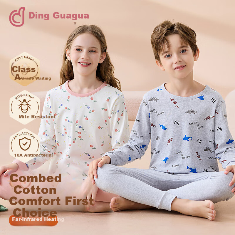 Dingguagua Children's Autumn Cotton Thermal Underwear Set Boys' Round Neck Warm Cotton Pajamas Girls' Autumn Winter Sleepwear Cotton Sweater