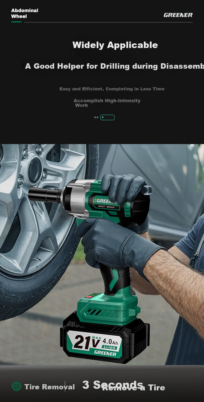 GREENER Brushless Electric Wrench, High Torque Lithium Battery Impact Gun, Auto Repair Stand, Small Impact Plate Tool Set, 600N.m One Battery 13