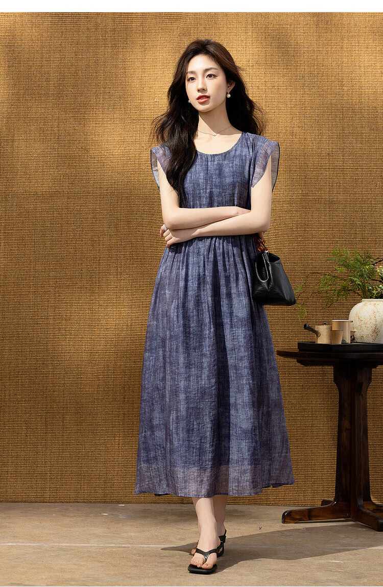 Demana [Breathable Tencel] Summer Ink-Style Print Round Neck Self-Tie Lightweight Dress for Women Premium Quality 15