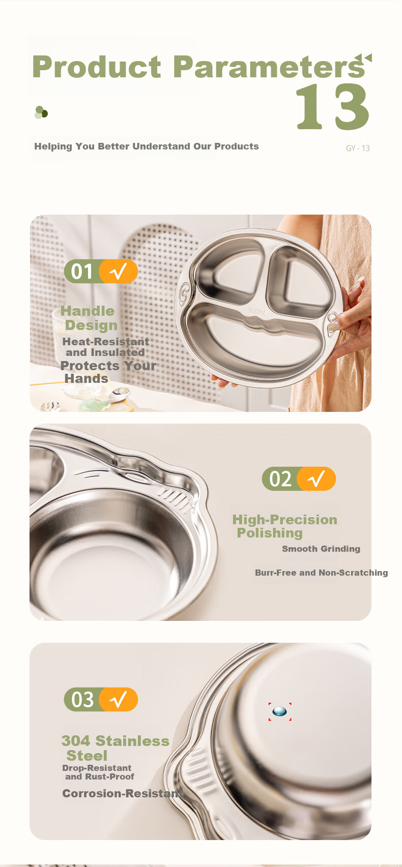 Guangyi 316 Stainless Steel Children's Divided Plate, Baby Home Use Four-Compartment Plate for Boys, Kindergarten Tableware GY1377 13