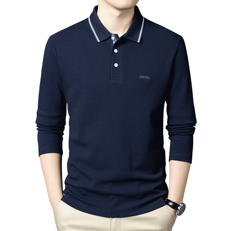 Edenbo Long Sleeve Polo Shirt Men Pure Cotton Simple Top Navy Blue 175/92A (XL)