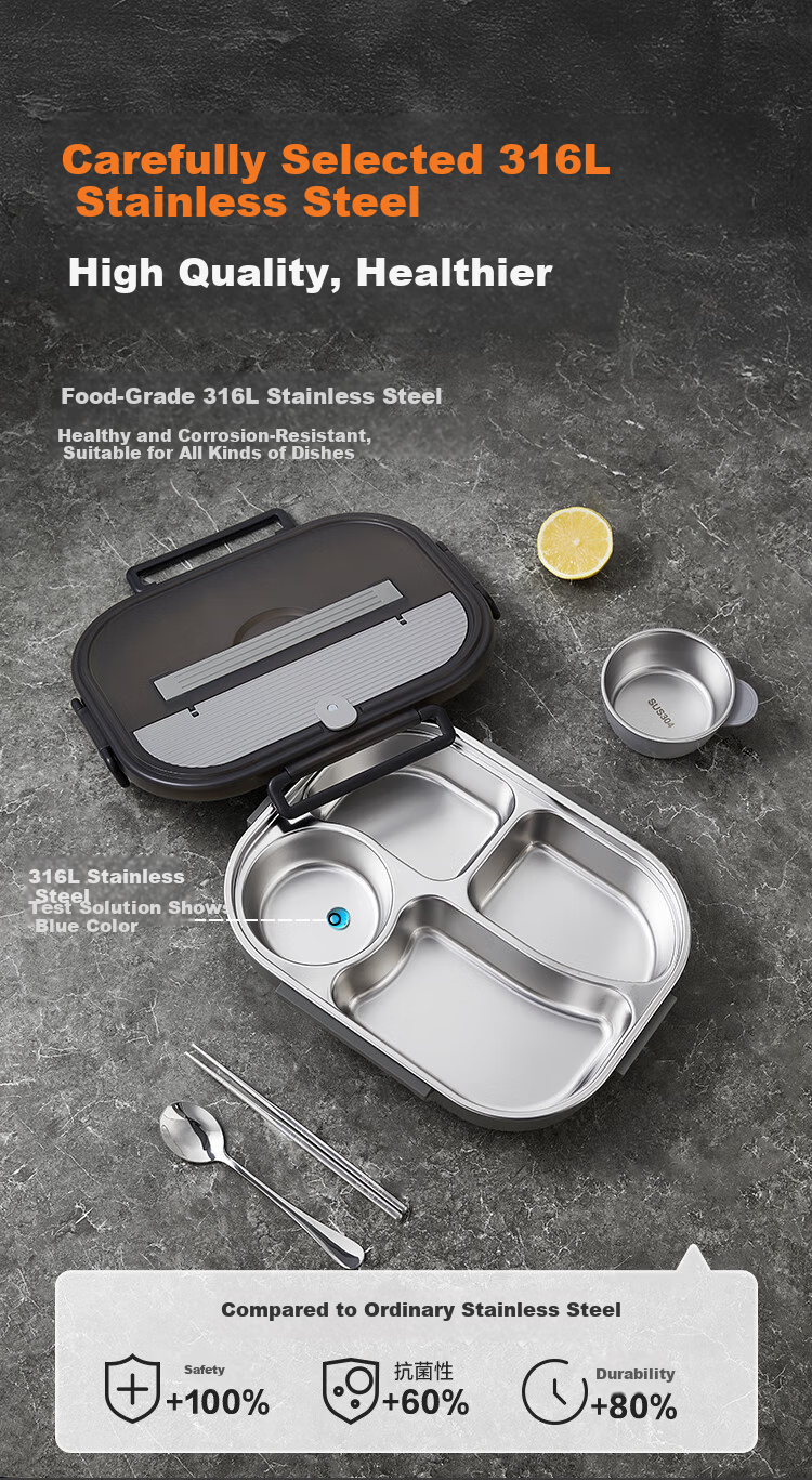 JD Original Lunch Box, 316L Stainless Steel, Suitable for Microwave Heating, Extra Large Capacity 2.4L, with Chopsticks And Spoon + Insulated Bag 3