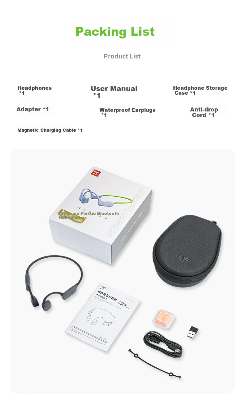 Aigo Bluetooth Earphones True Bone Conduction Earhook Sports Wireless IP68 Dustproof Waterproof MP3 Compatible for Kids Running Cycling GS08max Black 18