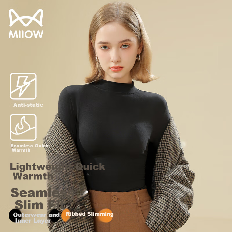 MiiOW Women's Half Turtleneck Thermal Base Layer Long Sleeve Thickened Fleece Lined Black and White Knit Top for Autumn and Winter