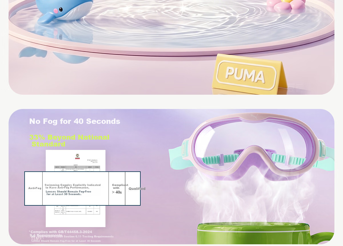 PUMA Kids Swimming Goggles Large Frame HD Lenses Long-Lasting Anti-Fog UV Protection Adjustable Strap Unisex 8