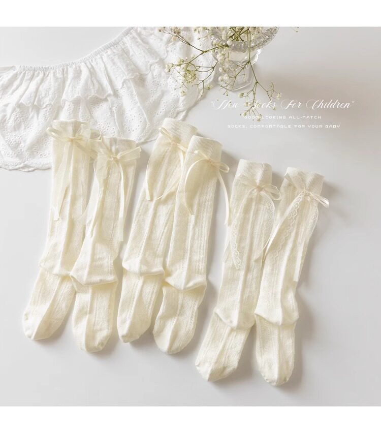 Yuzhaolin 3 Pairs Girls' Long Tube Socks Summer Thin Children's Socks Bowknot Princess Calf Socks Mid-Tube Ruffled Socks for Girls 6