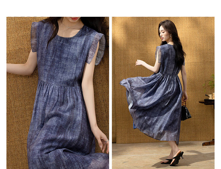 Demana [Breathable Tencel] Summer Ink-Style Print Round Neck Self-Tie Lightweight Dress for Women Premium Quality 9