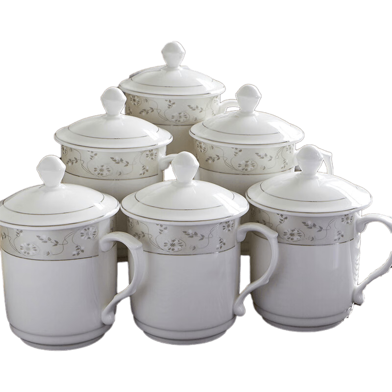 Jieyajie Ceramic Tea Cups with Lids, Children's Water Cups (350ml), Ceramic Office Cups, Set of 6, Zhonghua Cups