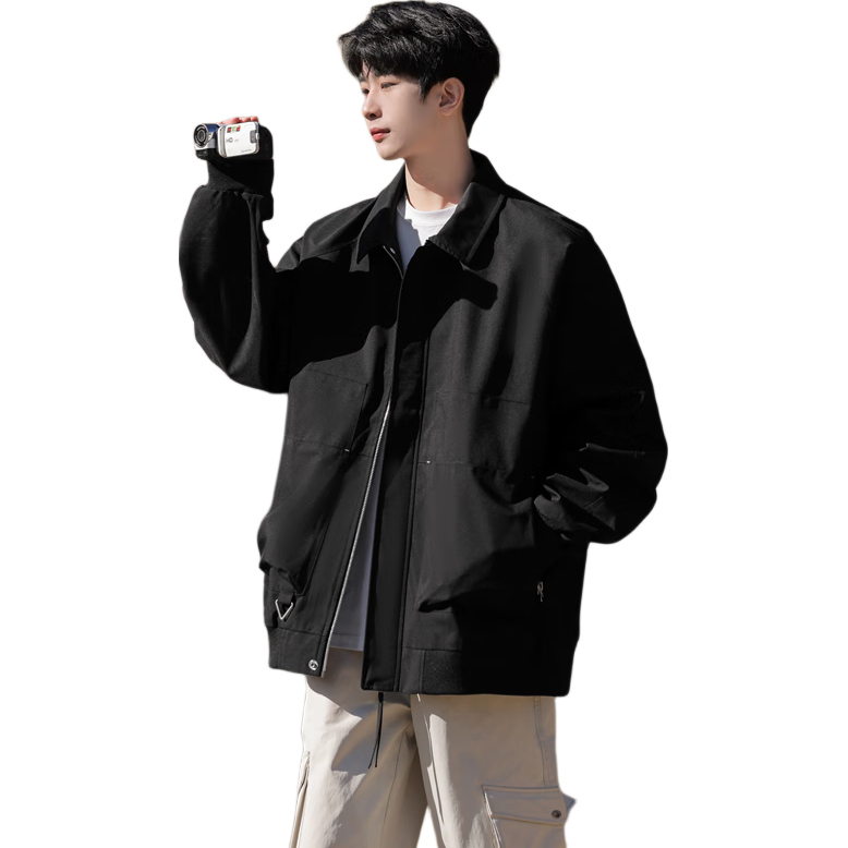 Foss Phil Men's Spring Autumn Casual Loose Japanese Retro Simple Solid Color Jacket 2510 Amber Black L
