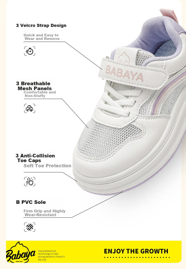 Baba Duck Girls' Low-Top Sneakers Summer Mesh Breathable Kids Sports Shoes Versatile White Purple 51820 Size 33 2