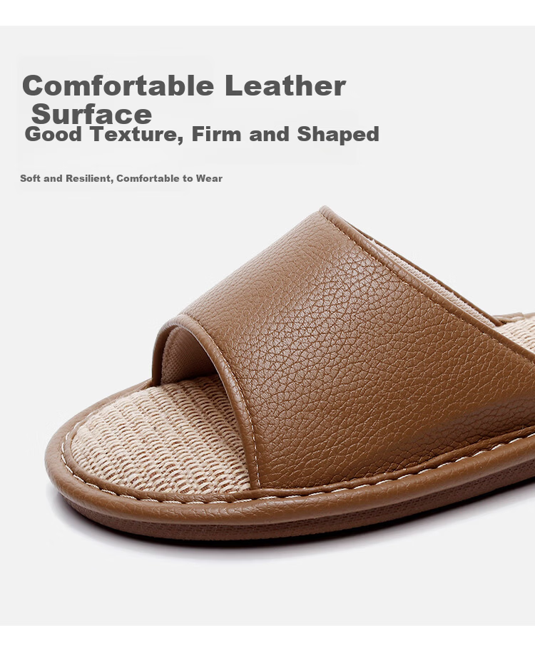 Genmai Plus Size Linen Slippers Men 4849 Indoor Home Floor Non-Slip Four Seasons Leather Slippers Coffee Color Size 40-41 6