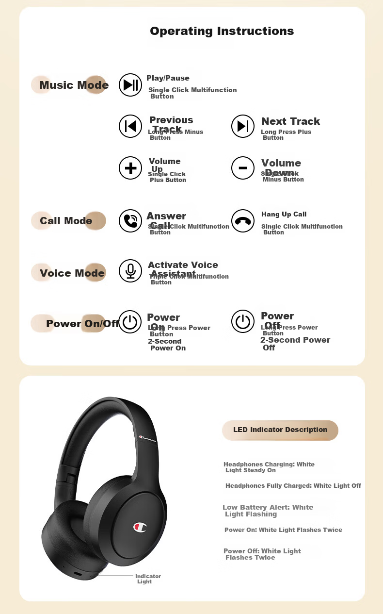 Champion Wireless Bluetooth Earbuds for Computer and Mobile, Noise-Cancelling Gaming Headset, Long Battery Life, Trendy Series CH22 Beige 14