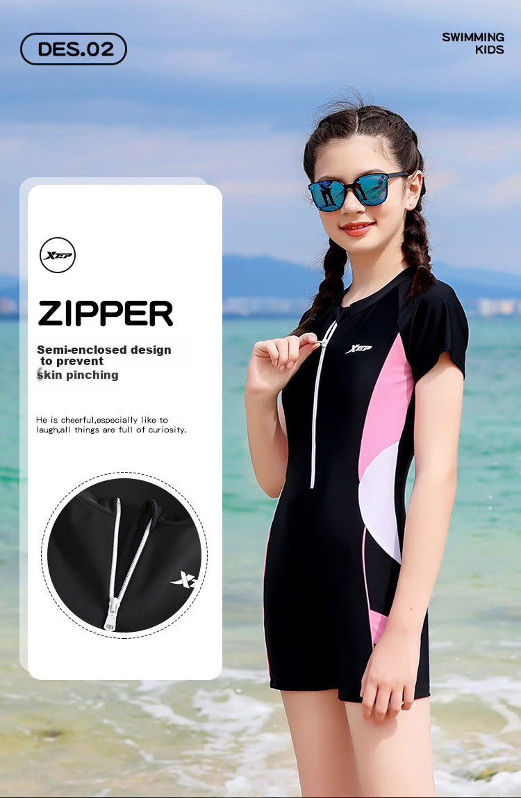 Xtep Kids Girls One-Piece Square-Leg Cute Student Sports Professional Swimwear Princess Sun-Protective Swimsuit for Older Children 4