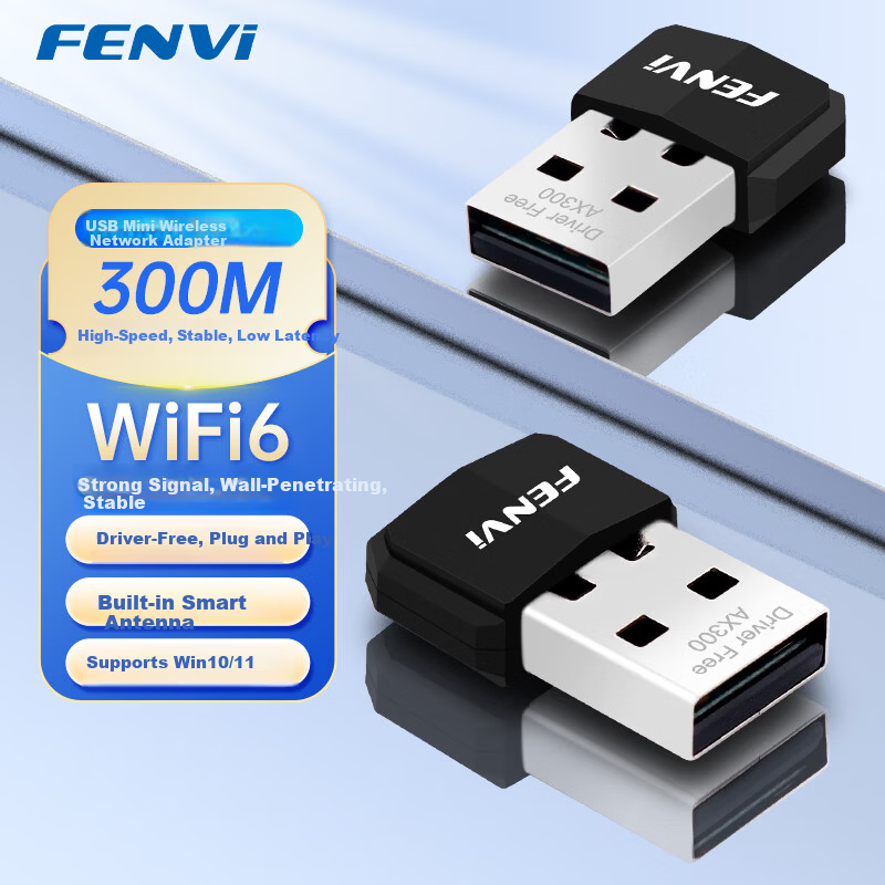 Fenvi USB Wireless Adapter WiFi6 AX300 Mini Wireless WiFi Receiver with Built-in Antenna for Desktop and Laptop, Smart Driver-Free Portable WiFi