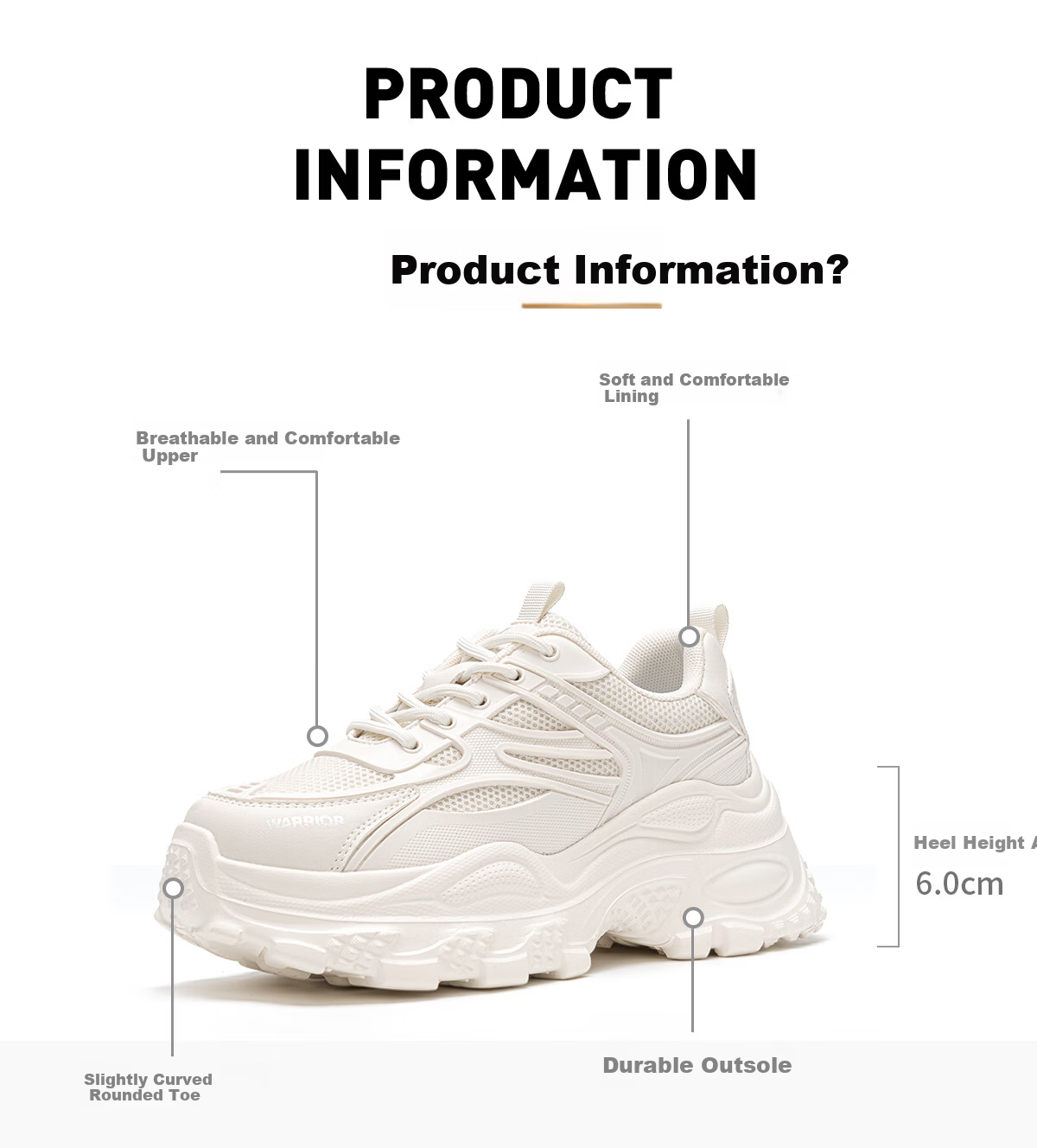 Warrior Thick Sole Height Increasing Dad Shoes Women's New Comfortable Non-Slip Fashion Sports Casual Shoes Beige 38 6