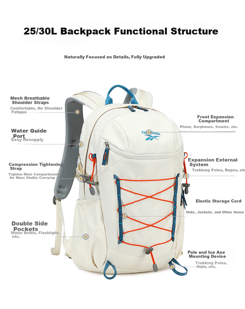 Reebok Large Capacity Hiking Backpack Women Lightweight Sports Outdoor Travel Laptop School Bag Men Caramel 40L 6
