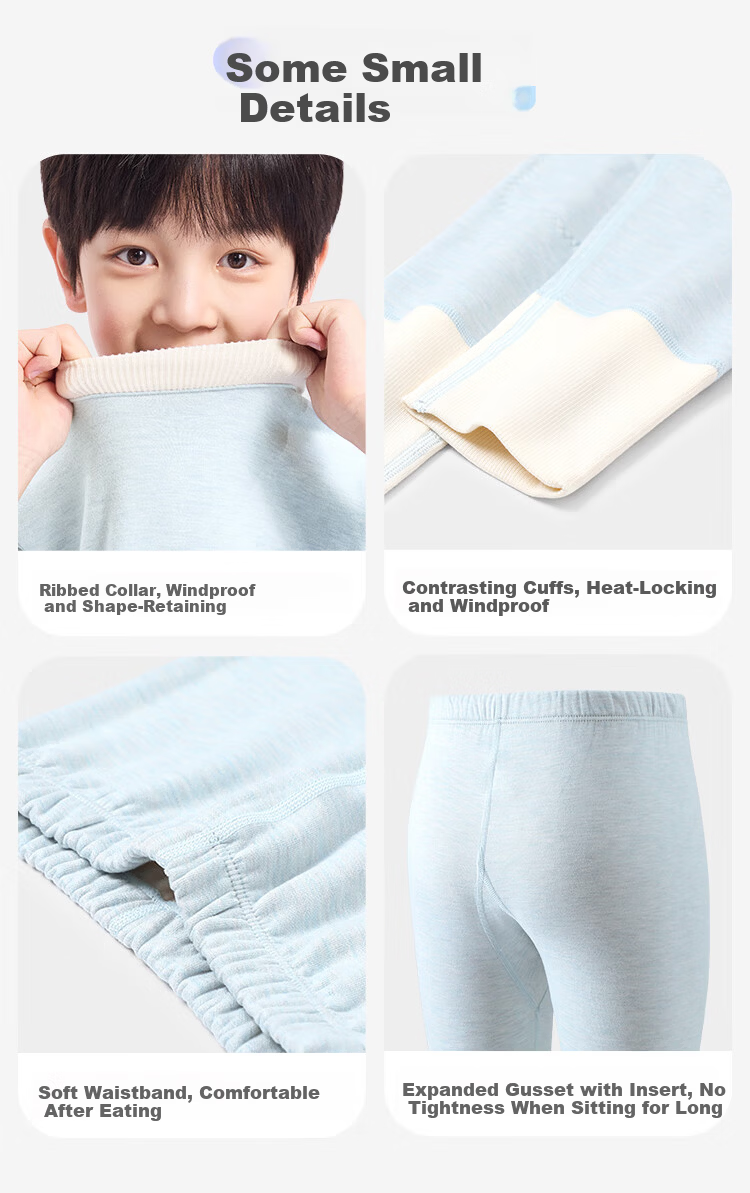 Jiusuibian Kids Thermal Underwear Unisex Autumn Winter Mid-Weight Fleece Lined Wool Blend 7A Antibacterial High Neck School Uniform Base Layer Set 9