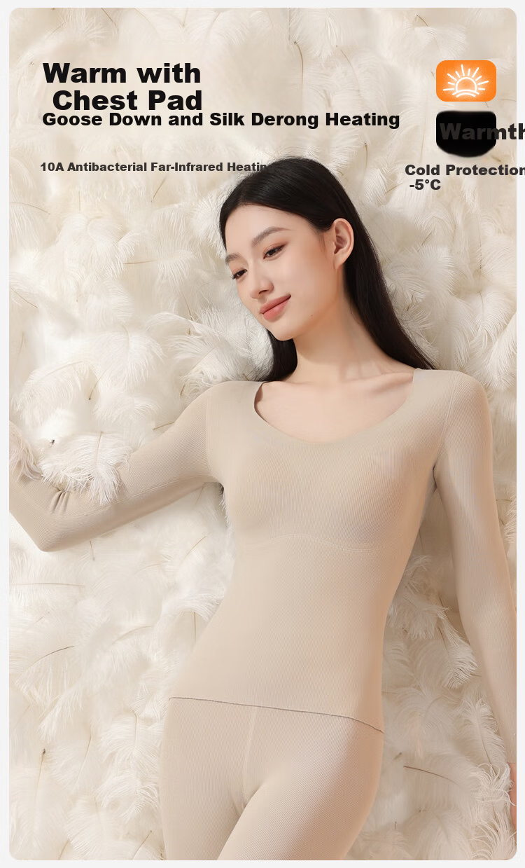 Urban Beauty Women's L Thermal Underwear Set with Goose Down and Silk Chest Pad, Thickened Autumn Top and Bottom 2