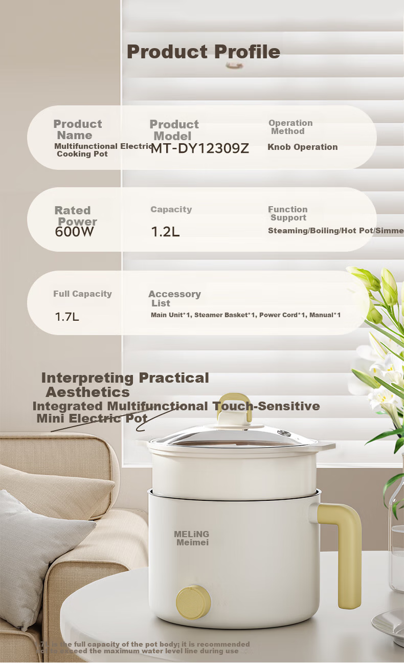 MeiLing Electric Cooking Pot Electric Steamer 1-2 Person Small Electric Pot Multifunctional Student Dormitory Mini Pot Instant Noodle Pot 1.7L Electric Hot Pot Frying and Boiling Combo MT-DY12309Z wit 11
