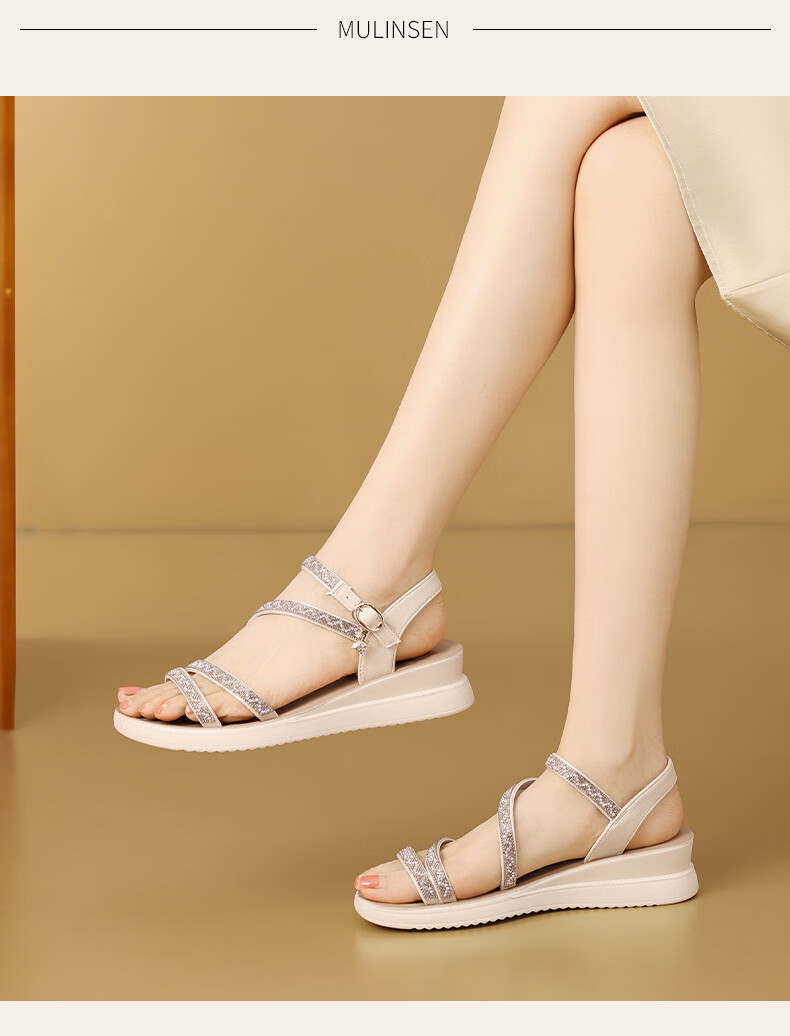 MULINSEN Women's Summer Low-Heel Sandals, Outdoor Beach Shoes, Fairy Style Single Strap Platform Sandals, Beige, Size 38 20