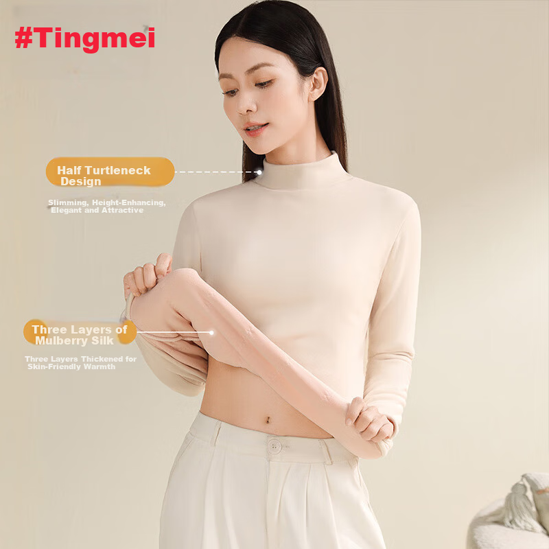 Tingmei [Triple Silk] Fleece-Lined Thickened Half Turtleneck Base Layer Top Women's Autumn Winter Thermal Underwear Shirt
