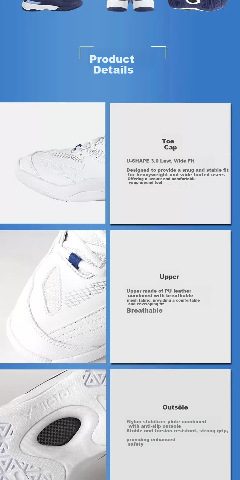 VICTOR Professional Badminton Shoes Unisex Non-Slip Breathable Shock Absorption A301-AB (White/Standard Blue) 7