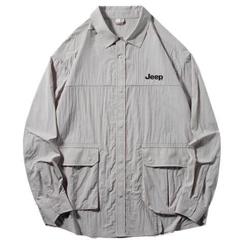 JEEP Sun Protection Jacket for Men, Summer Lightweight Fishing Shirt, Outerwear Shirt, Casual Outdoor Lapel Top, Light Gray, XL