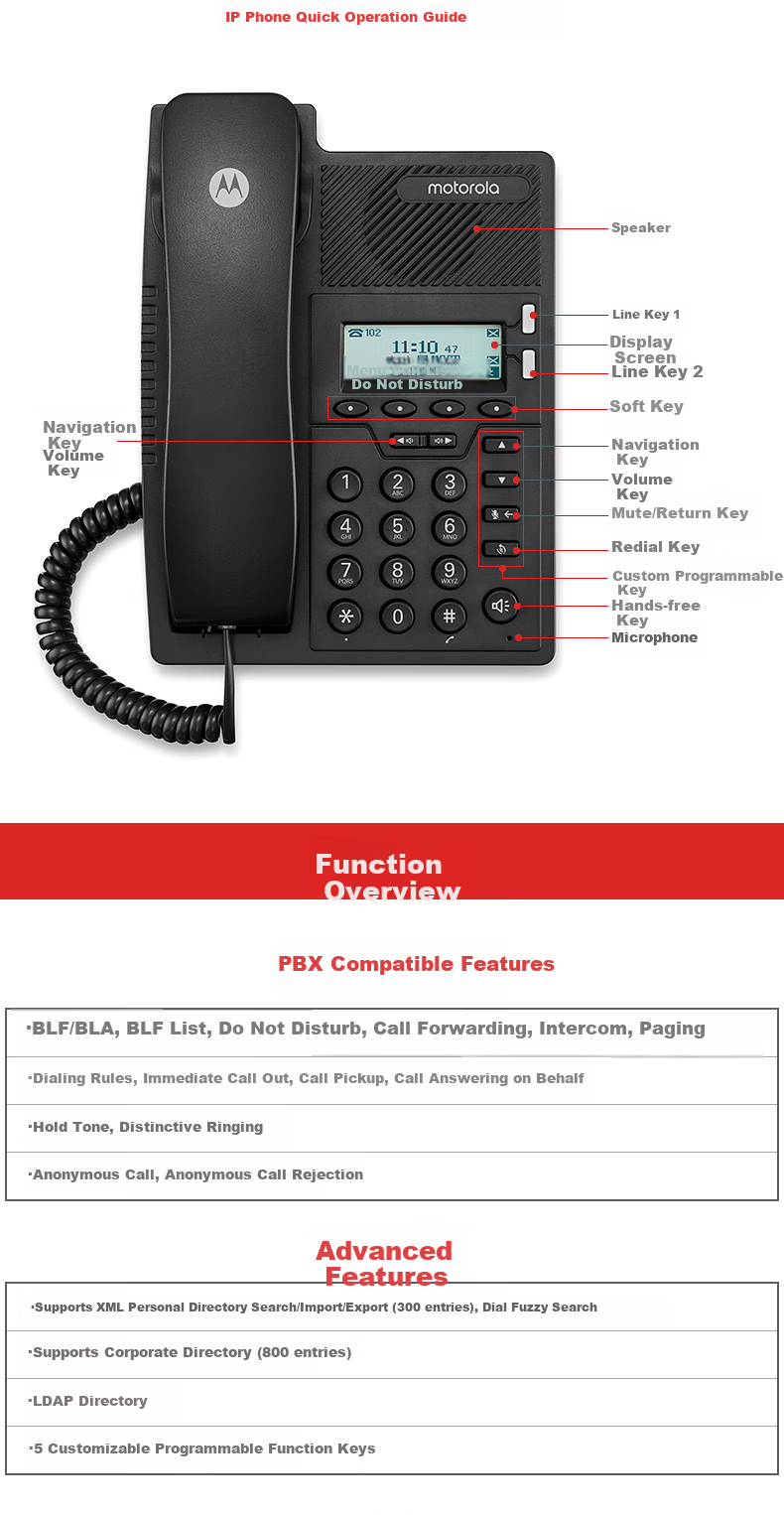 Motorola IP Phone Network Phone 100Mbps VOIP Desk Phone WIFI SIP Phone Office Fixed Phone Internal Intercom IP9910-2W 2