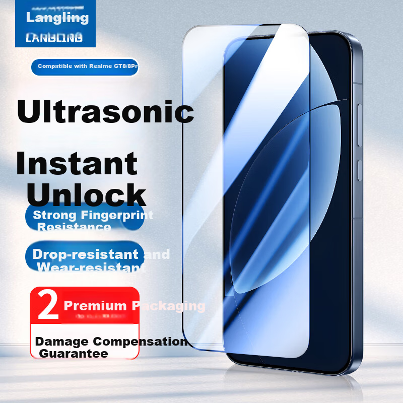 Langling [2-Pack] Tempered Glass Screen Protector for Realme GT8/GT8 Pro, Ultra-Clear Silk-Screen Full Coverage, Upgraded Drop Protection, Anti-Fingerprint, Scratch-Resistant, Compatible with Ultrason
