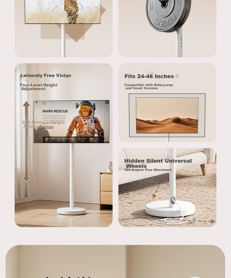 Enlip TV Mobile Stand 360° Rotatable Vertical and Horizontal Screen Friend Machine Stand 24-46 Inch Monitor Stand Movable Floor Cart Live Streaming Projection Mount Universal 2